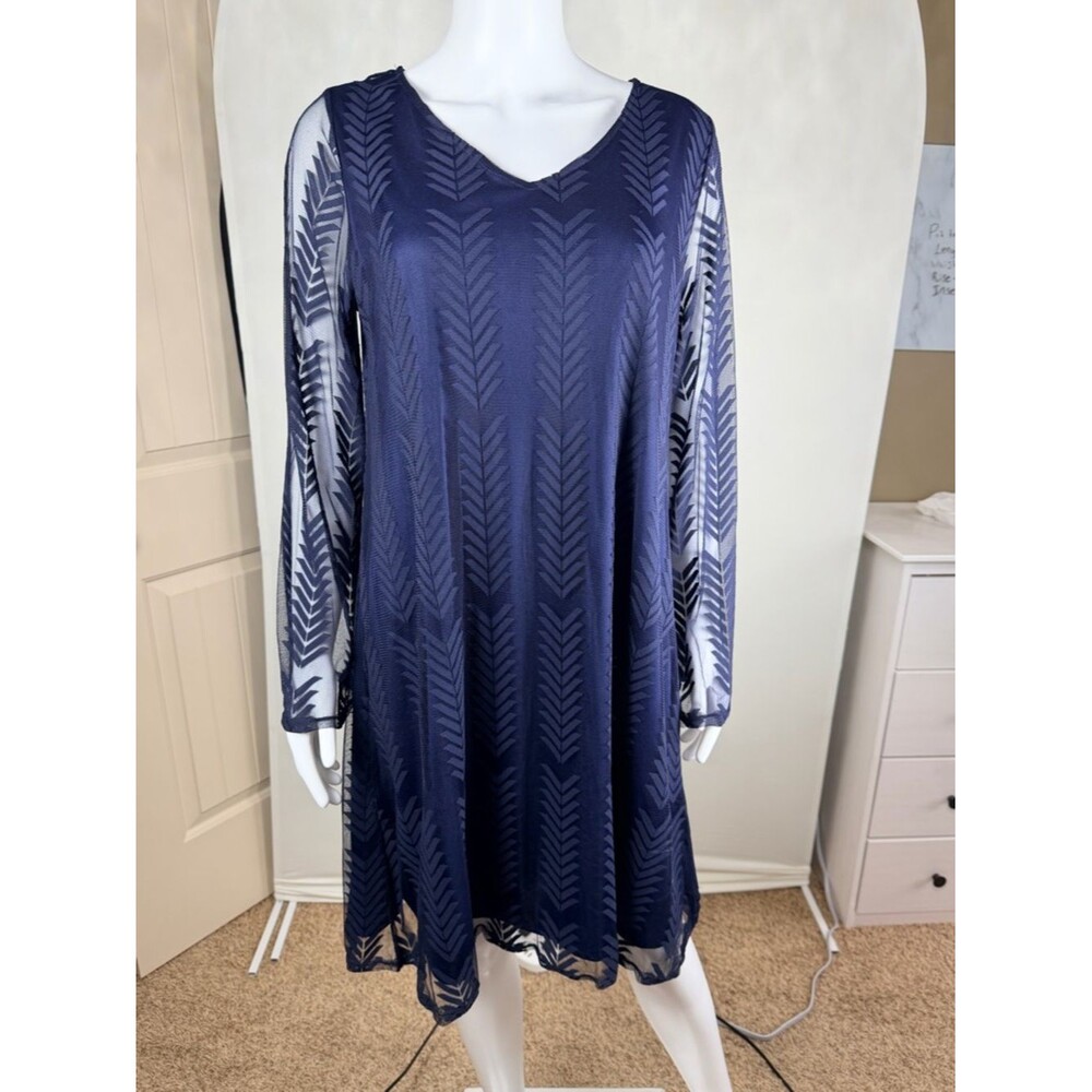 PinkBlush Maternity Navy Mesh Overlay Dress Chevron Sheer Sleeve Flowy Large